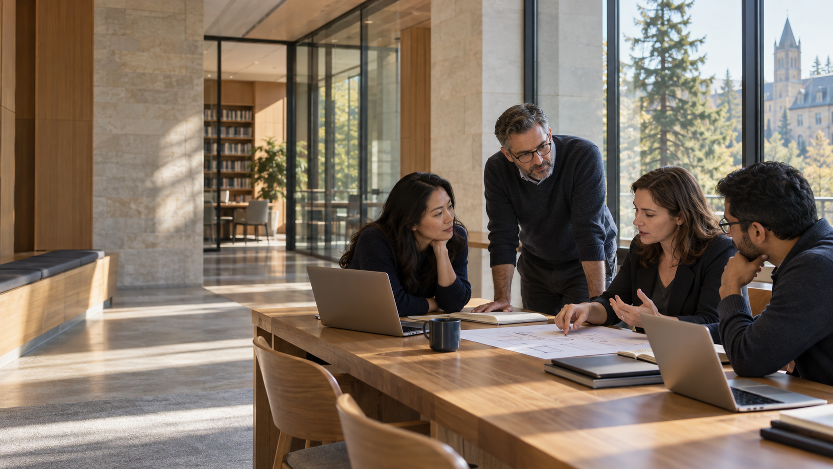An illustrative scene of educators and researchers collaborating in an academic setting